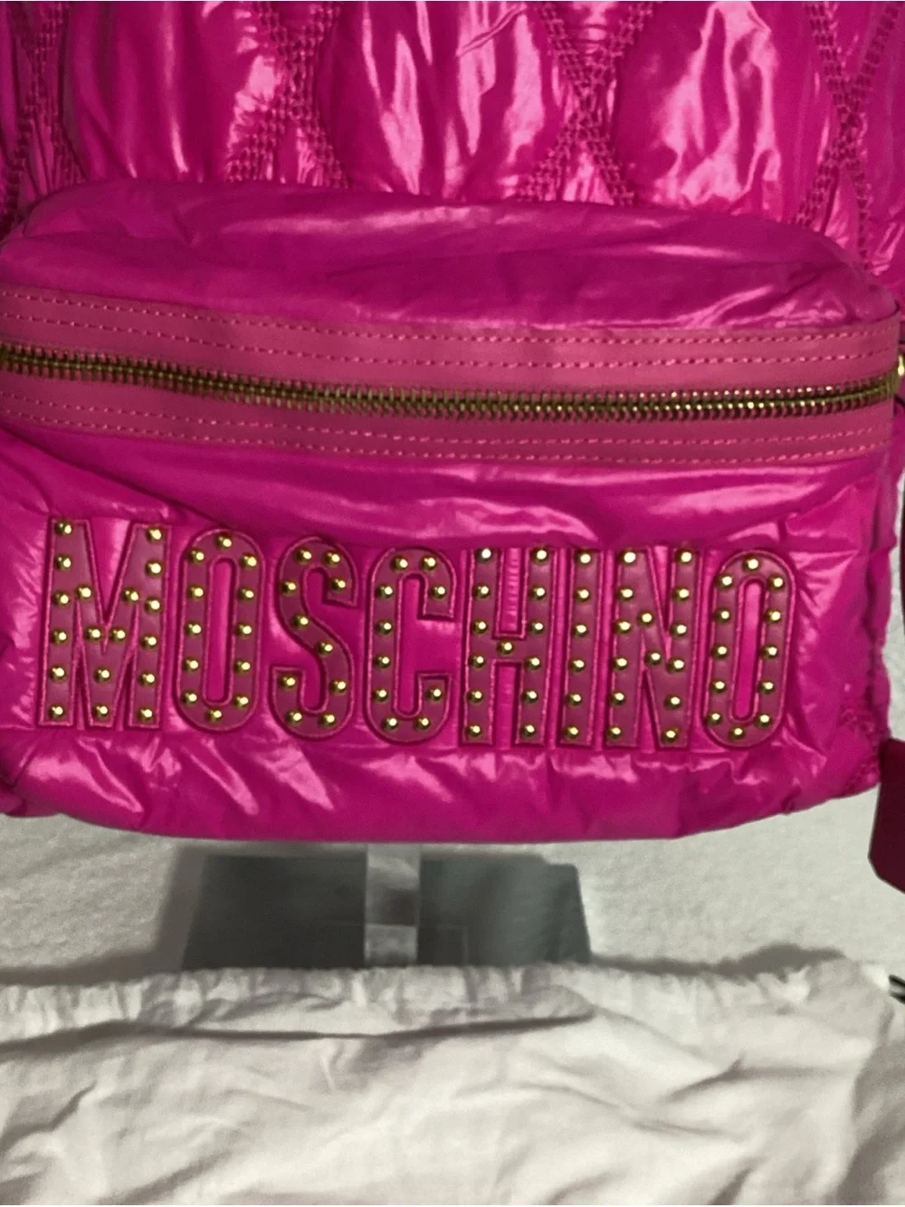 Moschino Quilted Hot Pink Large Nylon Backpack w/ Gold Studded Logo